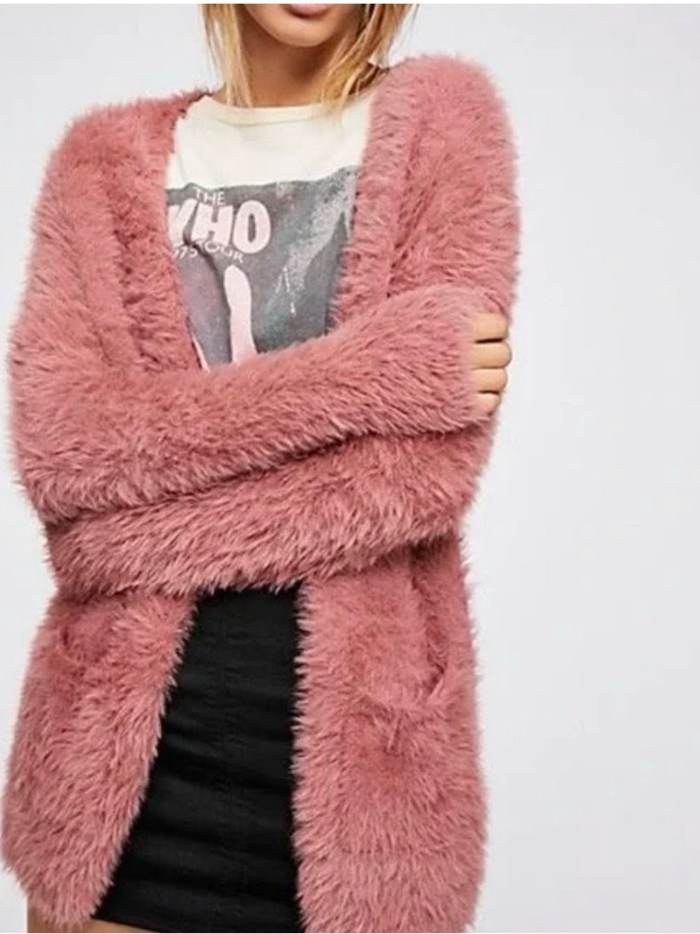 Free People Cozy Teddy Fuzzy Faux Fur Cardigan in Rose Size Small